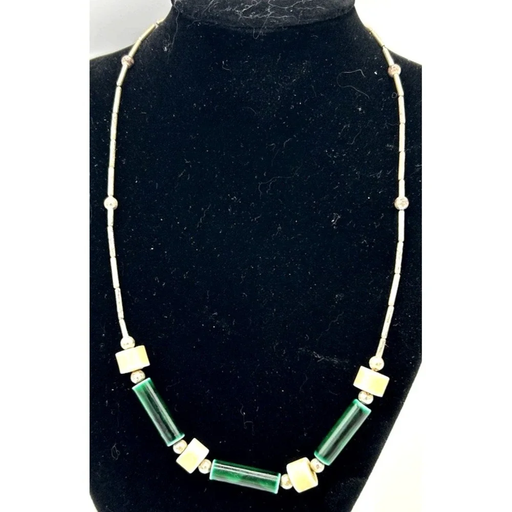 Silver And Green TUBED BEADED STRAND CHOKER White STONE DISC 17